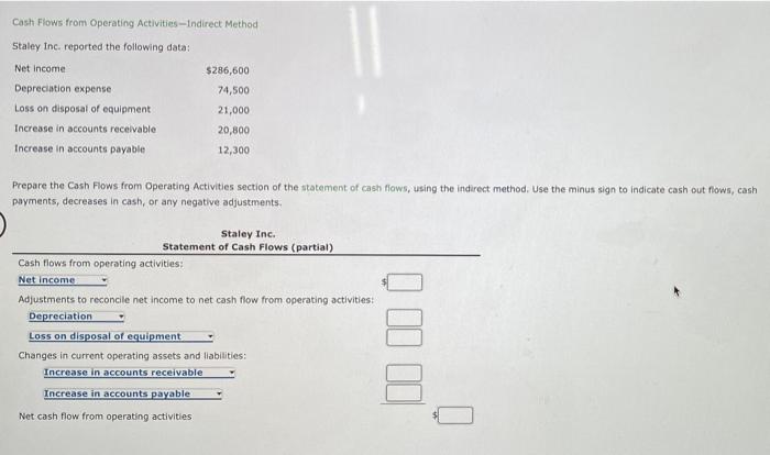 PLEASE SHOW FULL ANSWER Cash Flows from Operating Activities-Indirect Method Staley Inc.