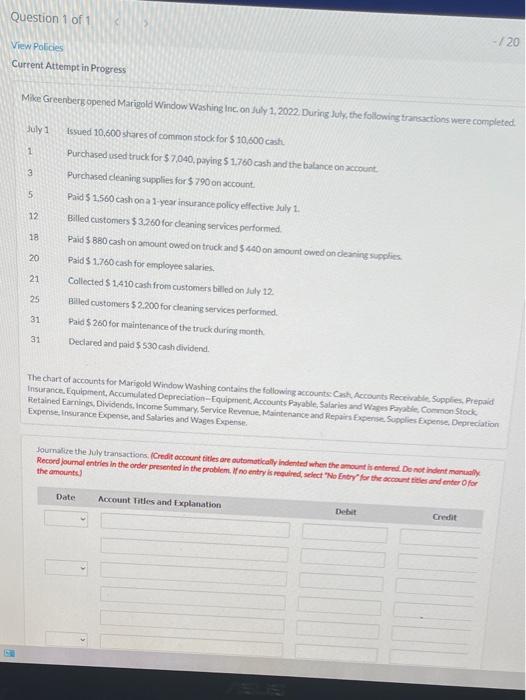 accounting cycle question I need the accounting cycle 9 steps Question 1