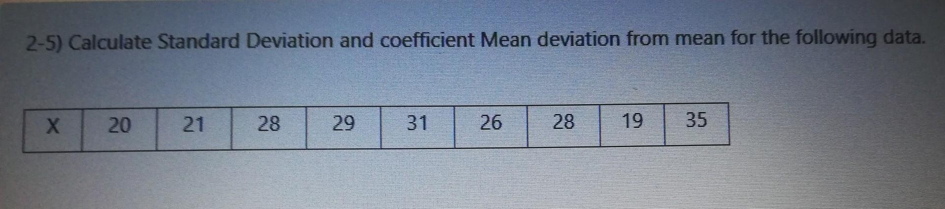  2-5) Calculate Standard Deviation and coefficient Mean deviation from mean for