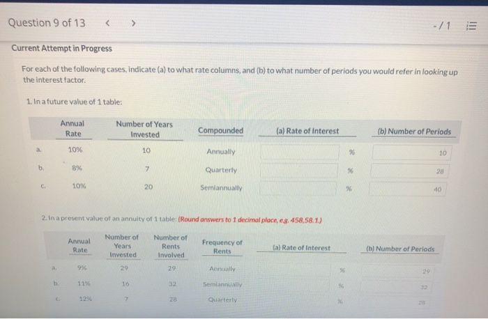  Question 9 of 13 -/1 Current Attempt in Progress For each