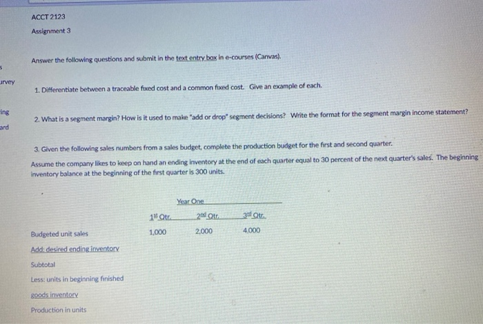  ACCT 2123 Assignment 3 Answer the following questions and submit in