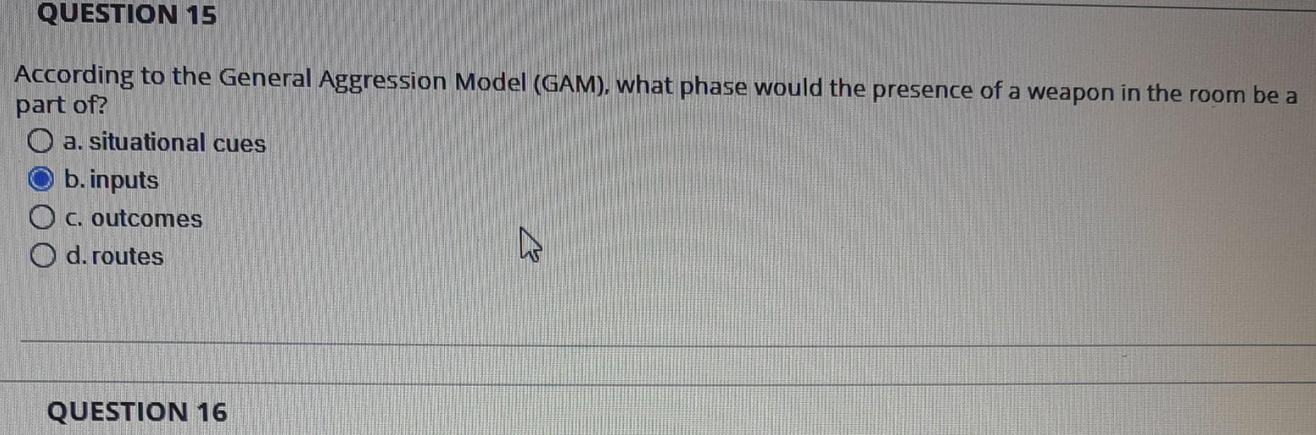  QUESTION 15 According to the General Aggression Model (GAM), what phase