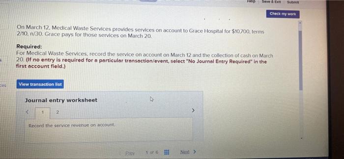 record the service revenue on account Help Save & E Sum Check