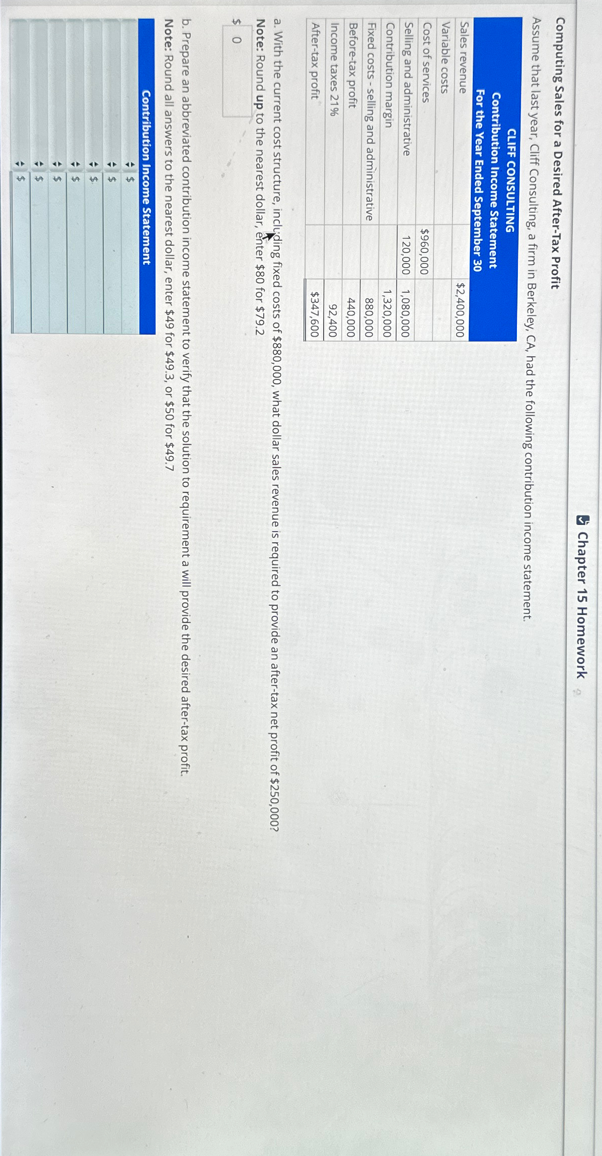  Chapter 15 Homework Computing Sales for a Desired After-Tax Profit Assume