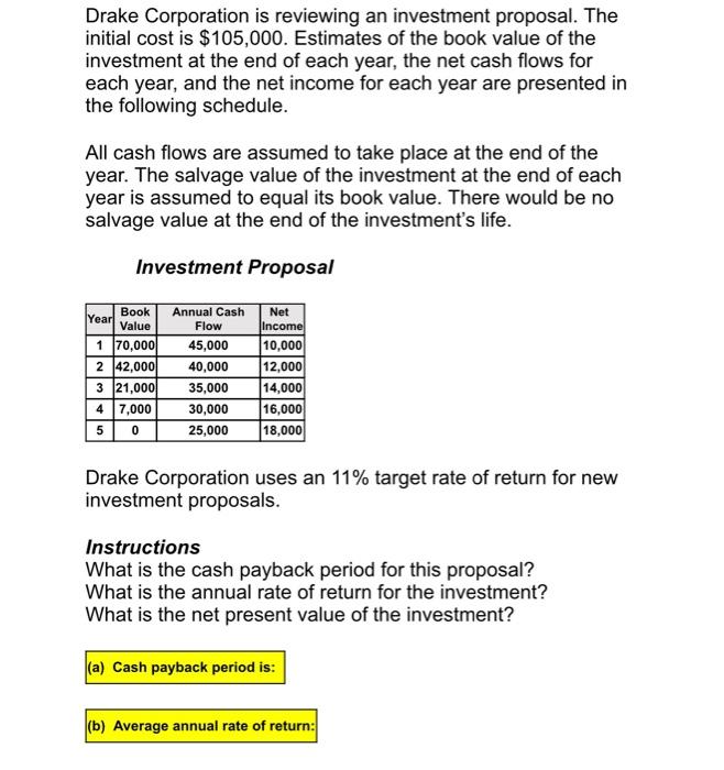 Need help filling in highlighted areas TY please show work Drake Corporation