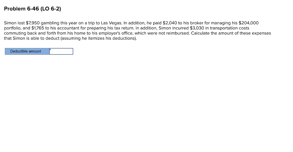 Problem 6-46 (LO 6-2) Simon lost $7,950 gambling this year on