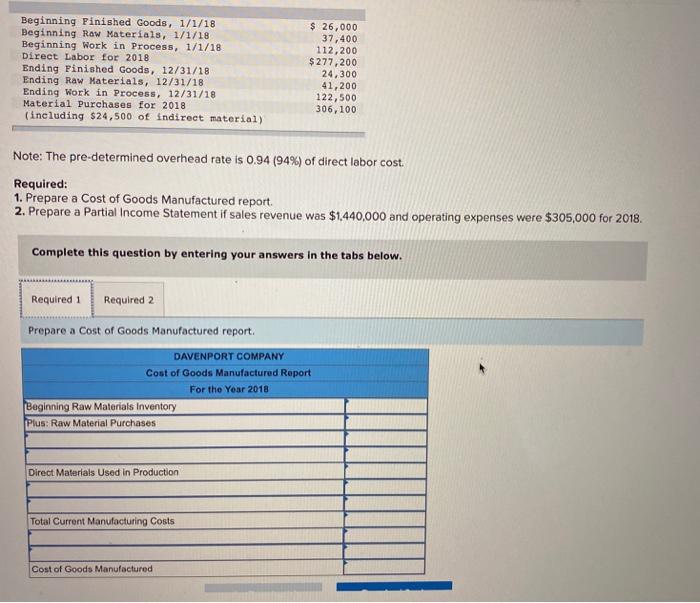  Beginning Pinished Goods, 1/1/18 Beginning Raw Materials, 1/1/18 Beginning Work in