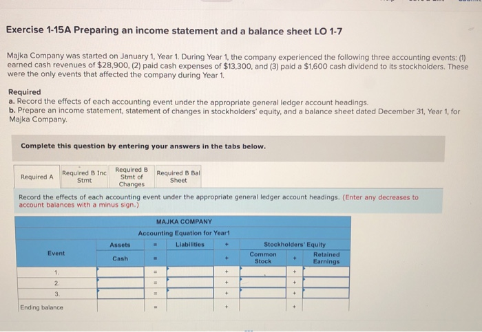  Exercise 1-15A Preparing an income statement and a balance sheet LO