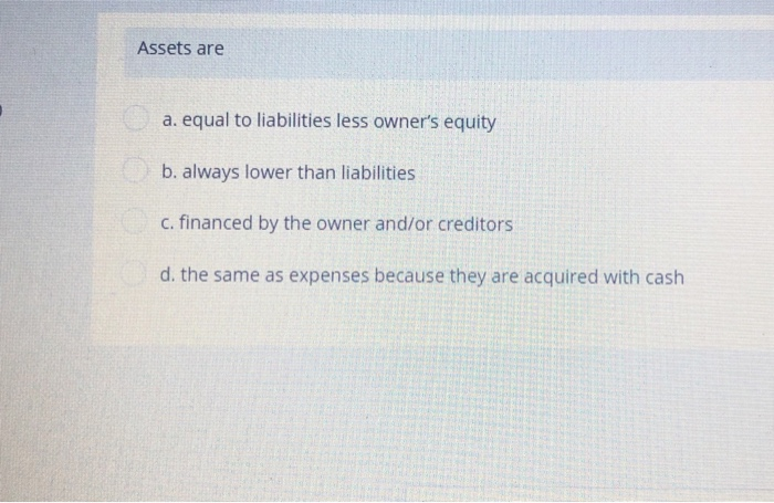  Assets are a. equal to liabilities less owner's equity b. always