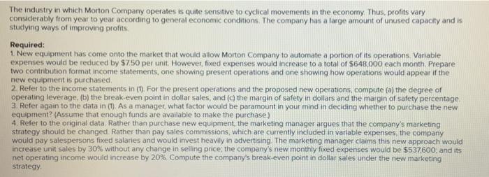 of Safety [LO5-4, LO5-5, LO5-7, LO5-8) Morton Company's contribution format income statement