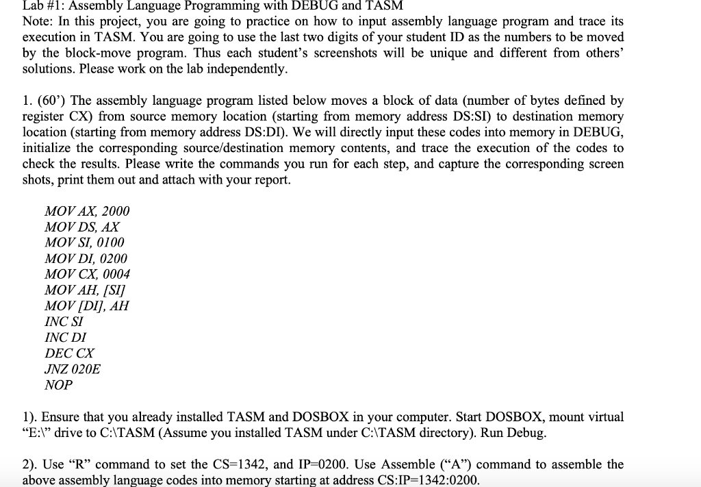  Lab #1: Assembly Language Programming with DEBUG and TASM Note: In