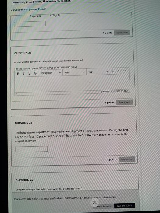  Remaining Time: 2 hours, 28 minutes, 10 seconds. Question Completion Status: