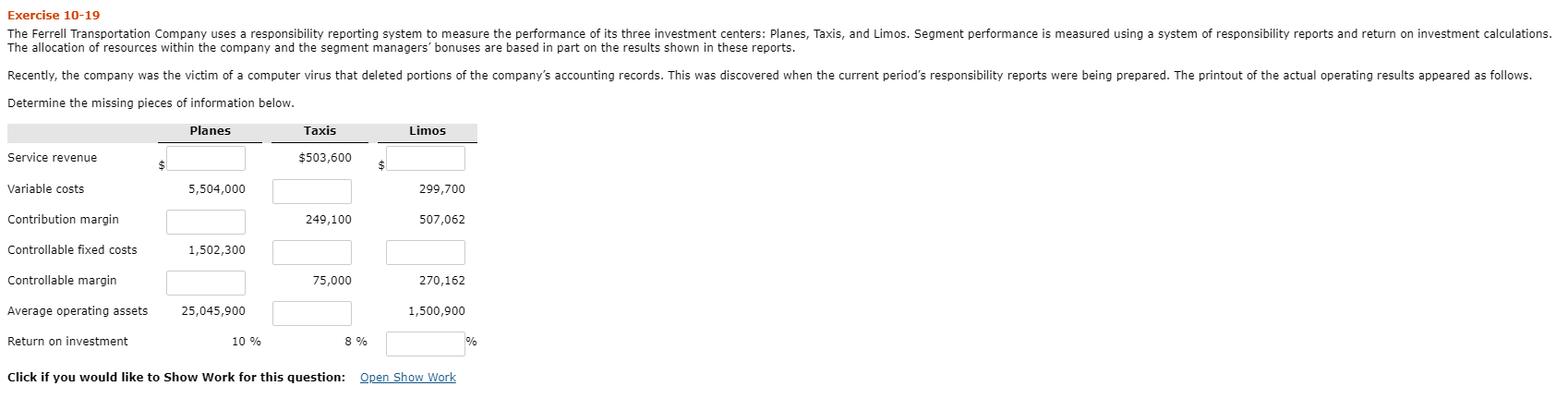  Exercise 10-19 The Ferrell Transportation Company uses a responsibility reporting system