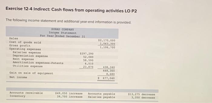  Exercise 12-4 Indirect: Cash flows from operating activities LO P2 The
