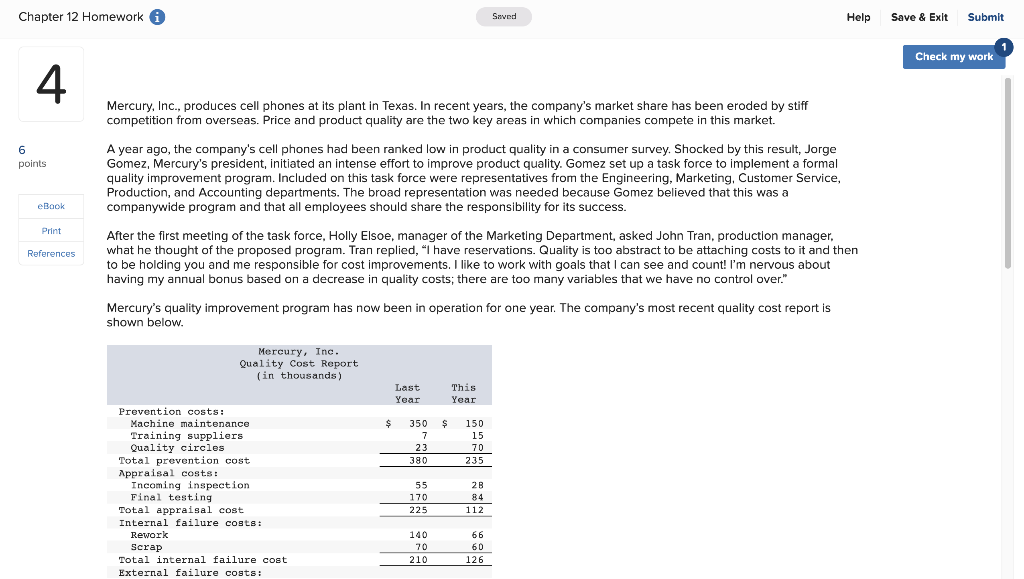  Chapter 12 Homework Saved Help Save & Exit Submit Check my