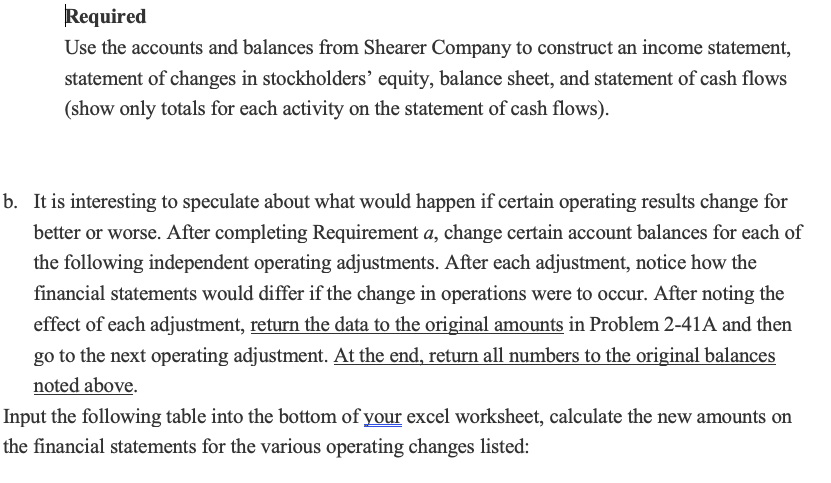 construct the required financial statements. To complete Requirement b, use formulas where