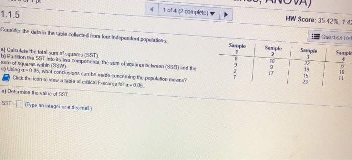  1.calculate SST 2.Partition the SST into two components, the SSB and