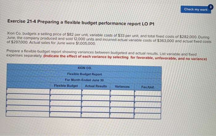  Check my work Exercise 21-4 Preparing a flexible budget performance report