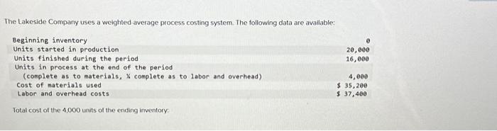 Multiple Choice 5734 $220 $197 5187 The Lakeside Company uses a weighted
