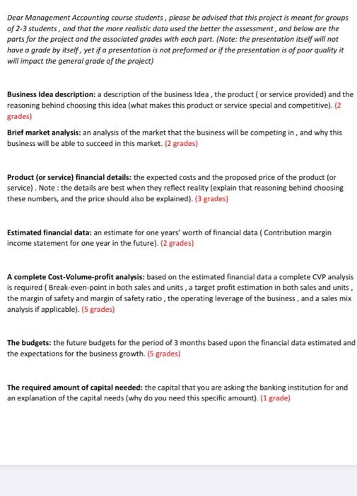  Dear Management Accounting course students, please be advised that this project