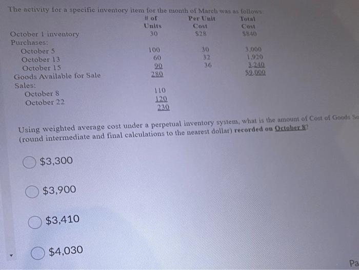  The activity for a specific inventory item for the month of
