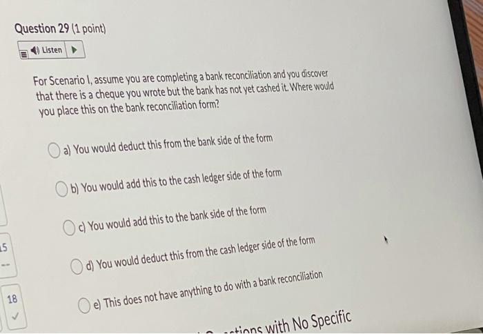 Where would you place this on the bank reconciliation form? a) You
