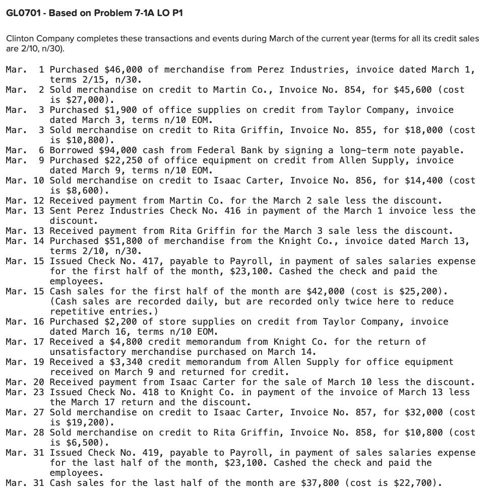  GLO701 - Based on Problem 7-1A LO P1 Clinton Company completes