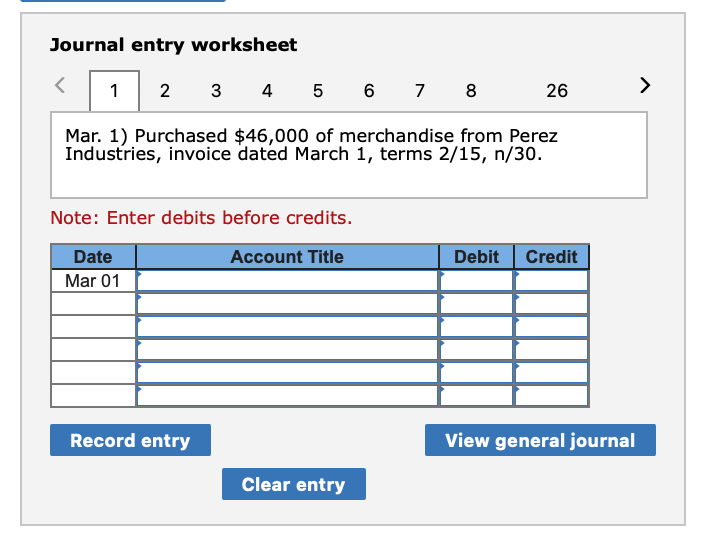 all its credit sales are 2/10, n/30). Mar. 1 Purchased $46,000 of