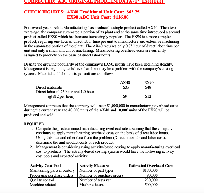  ACCOUNTING Format for excel assignment : CURRECTED: ABC ORIGINAL PROBLEM DATA