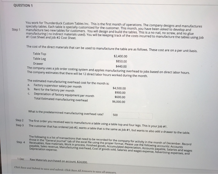  QUESTION 1 Step 1 You work for Thunderduck Custom Tables Inc.