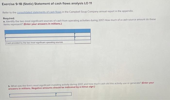  Exercise 9-18 (Static) Statement of cash flows analysis LO 11 Refer