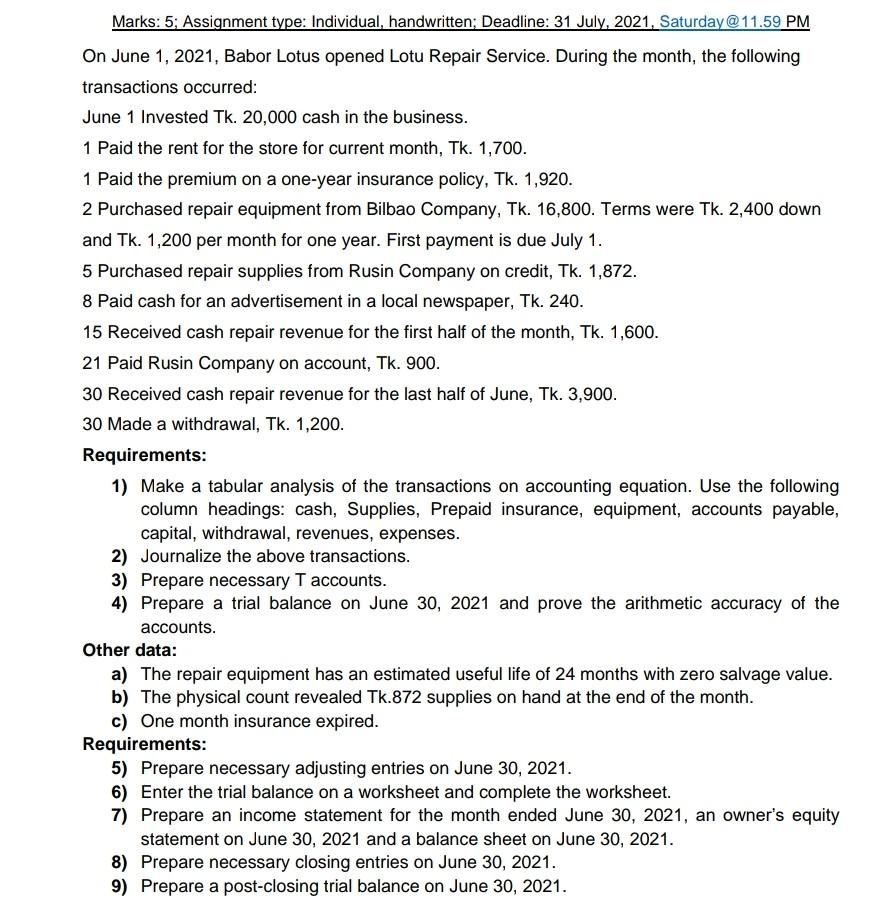 need the answer of 5,6,7,8,9 question Marks: 5; Assignment type: Individual, handwritten;