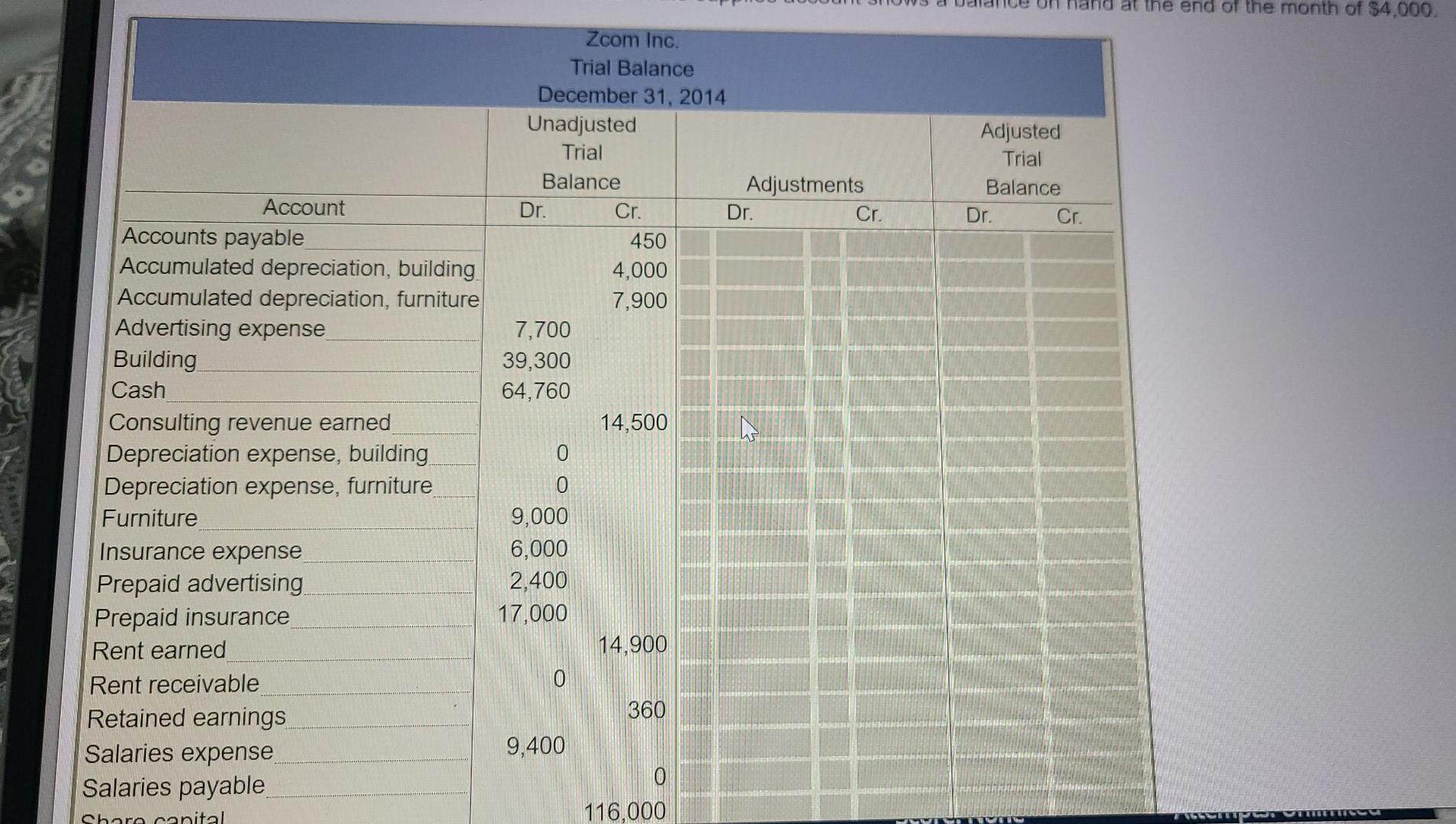 points] Please enter the following information, taken at month-end, in the trial