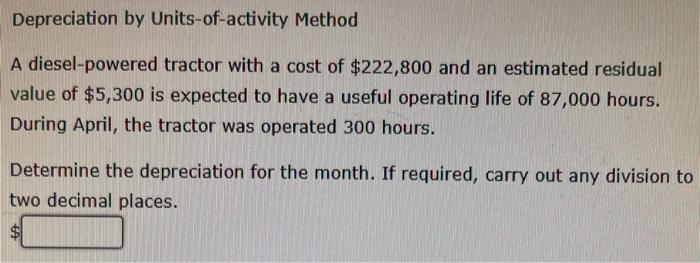  Depreciation by Units-of-activity Method A diesel-powered tractor with a cost of