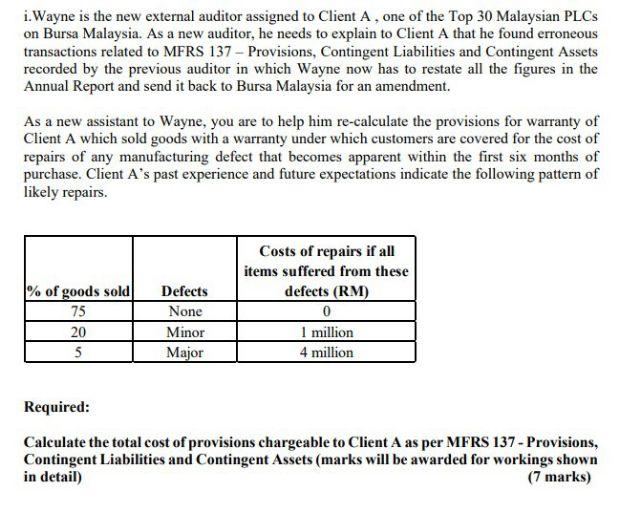 i. Wayne is the new external auditor assigned to Client A,