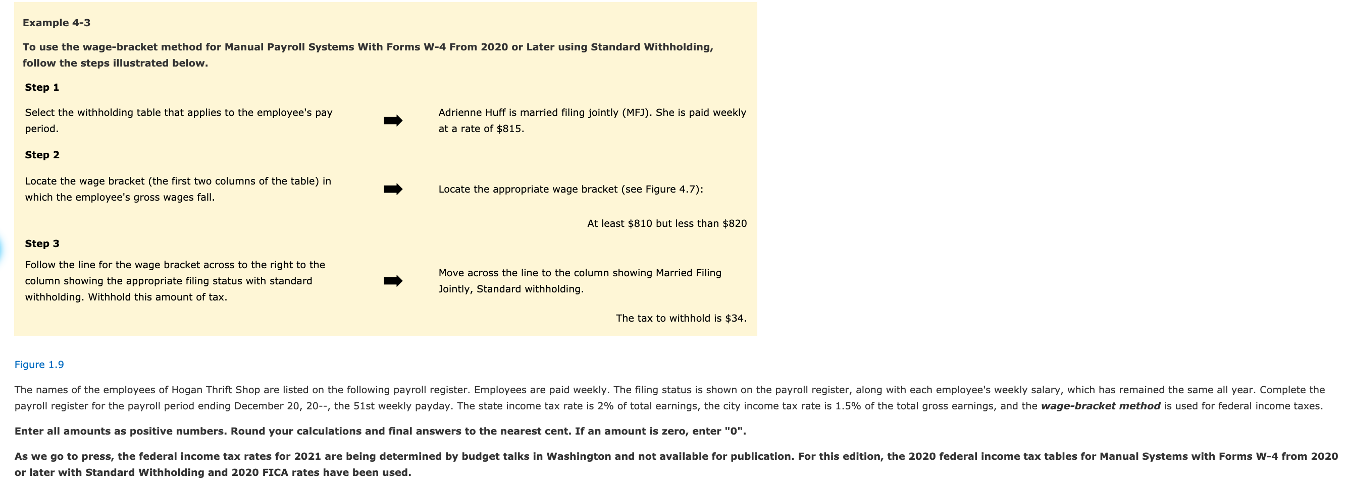 Example 4-3 To use the wage-bracket method for Manual Payroll Systems