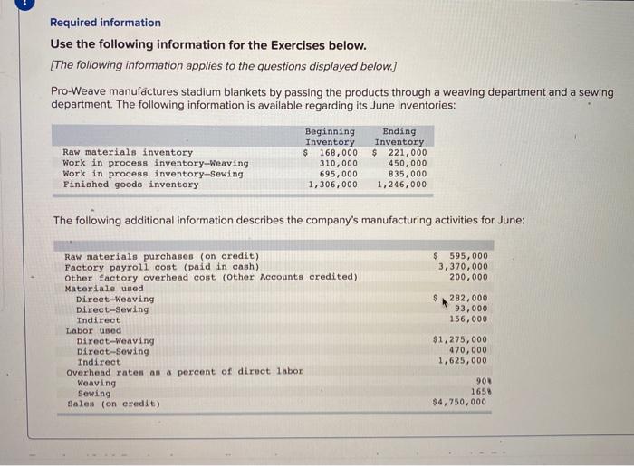  Required information Use the following information for the Exercises below. [The