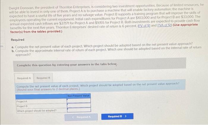  Dwight Donovan, the president of Thornton Enterprises, is considering two investment
