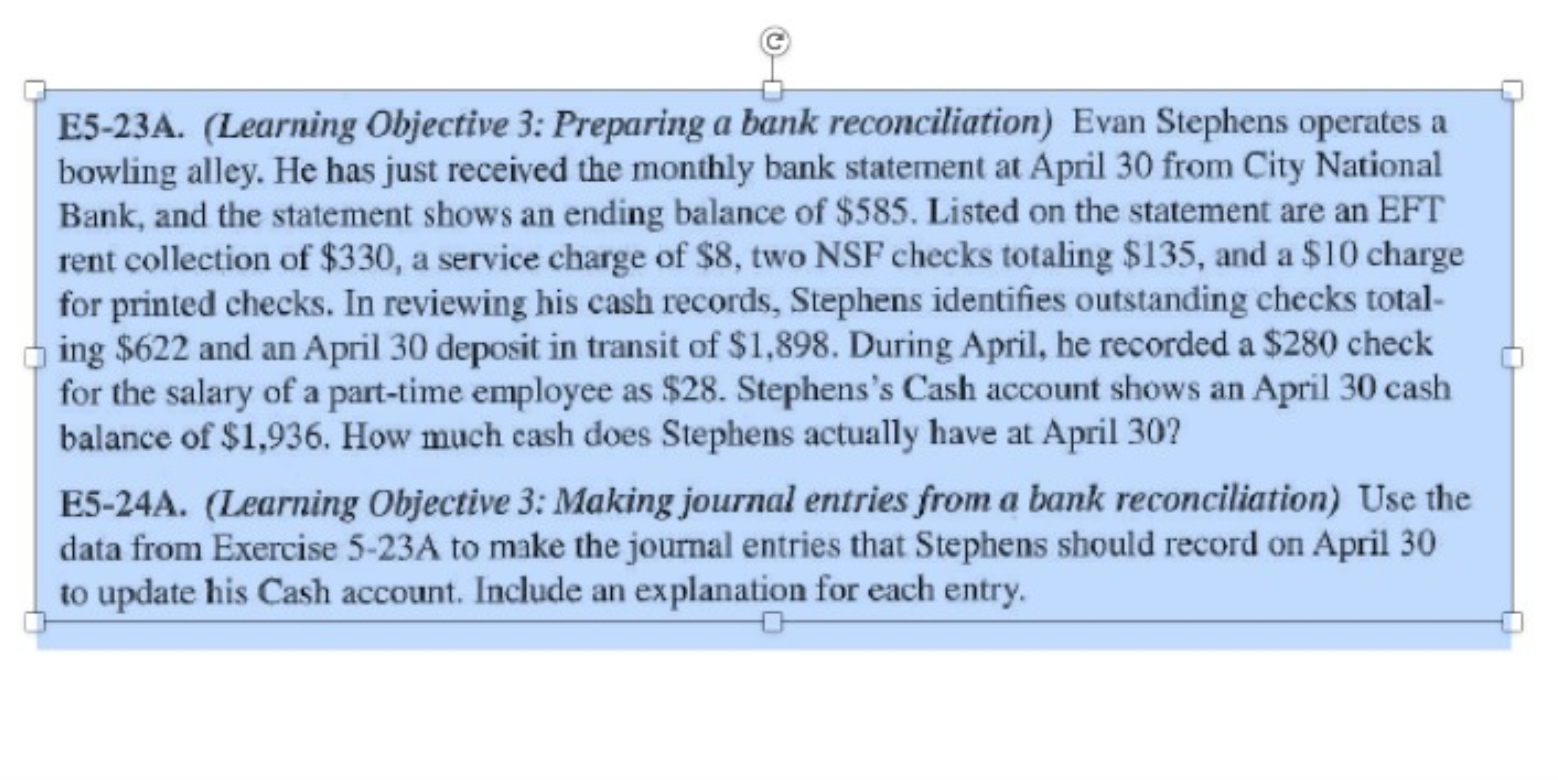  E5-23A. (Learning Objective 3: Preparing a bank reconciliation) Evan Stephens operates
