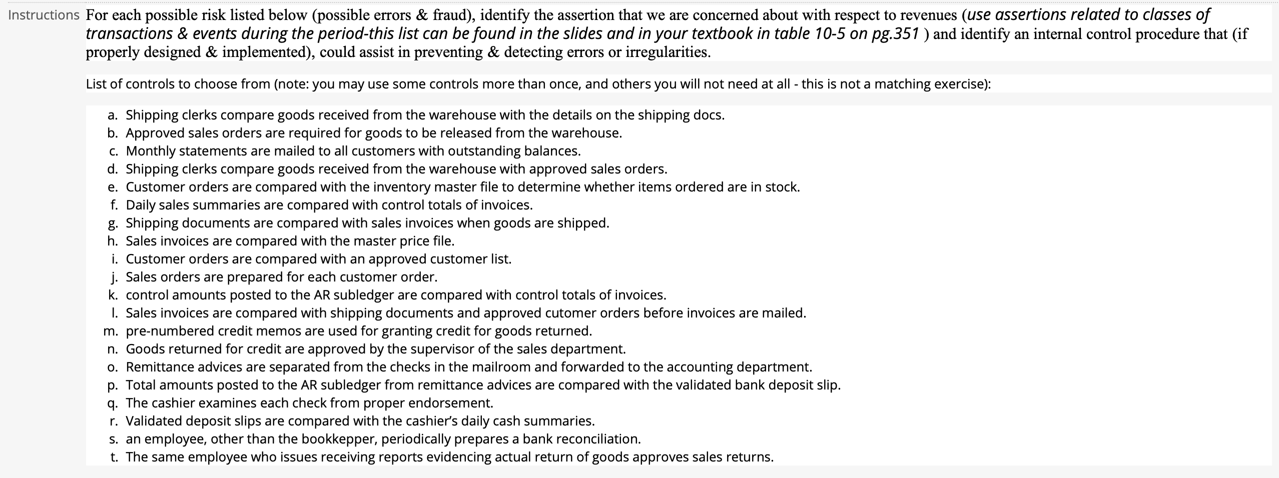  Instructions for each possible risk listed below (possible errors & fraud),