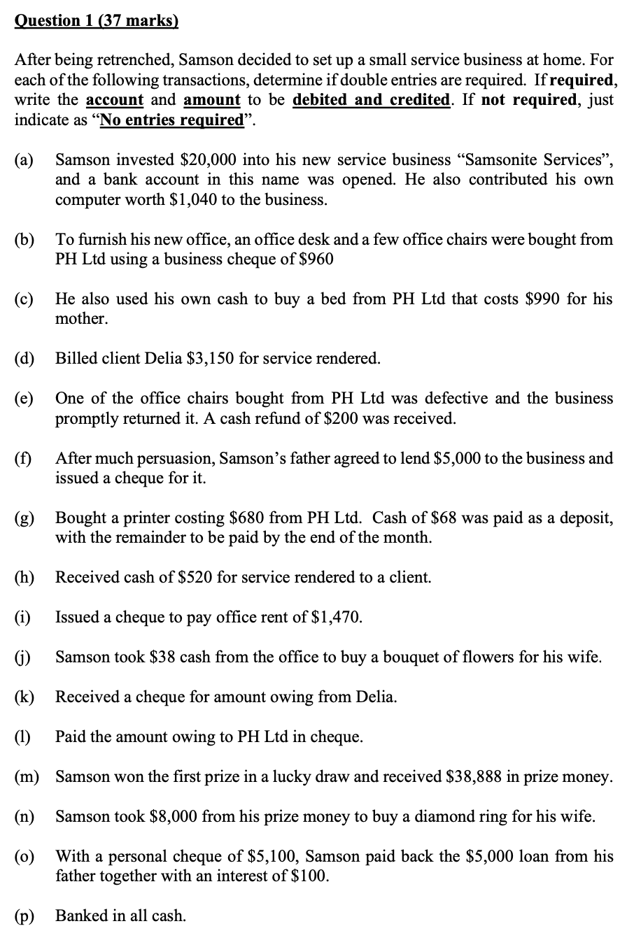 Question 1 (37 marks) After being retrenched, Samson decided to set