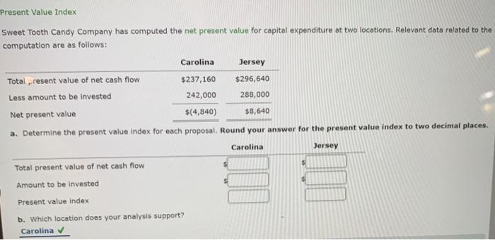  Present Value Index Sweet Tooth Candy Company has computed the net