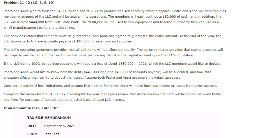  Problem 21-42 (LO. 3, 9, 10) Pedro and Anna plan to