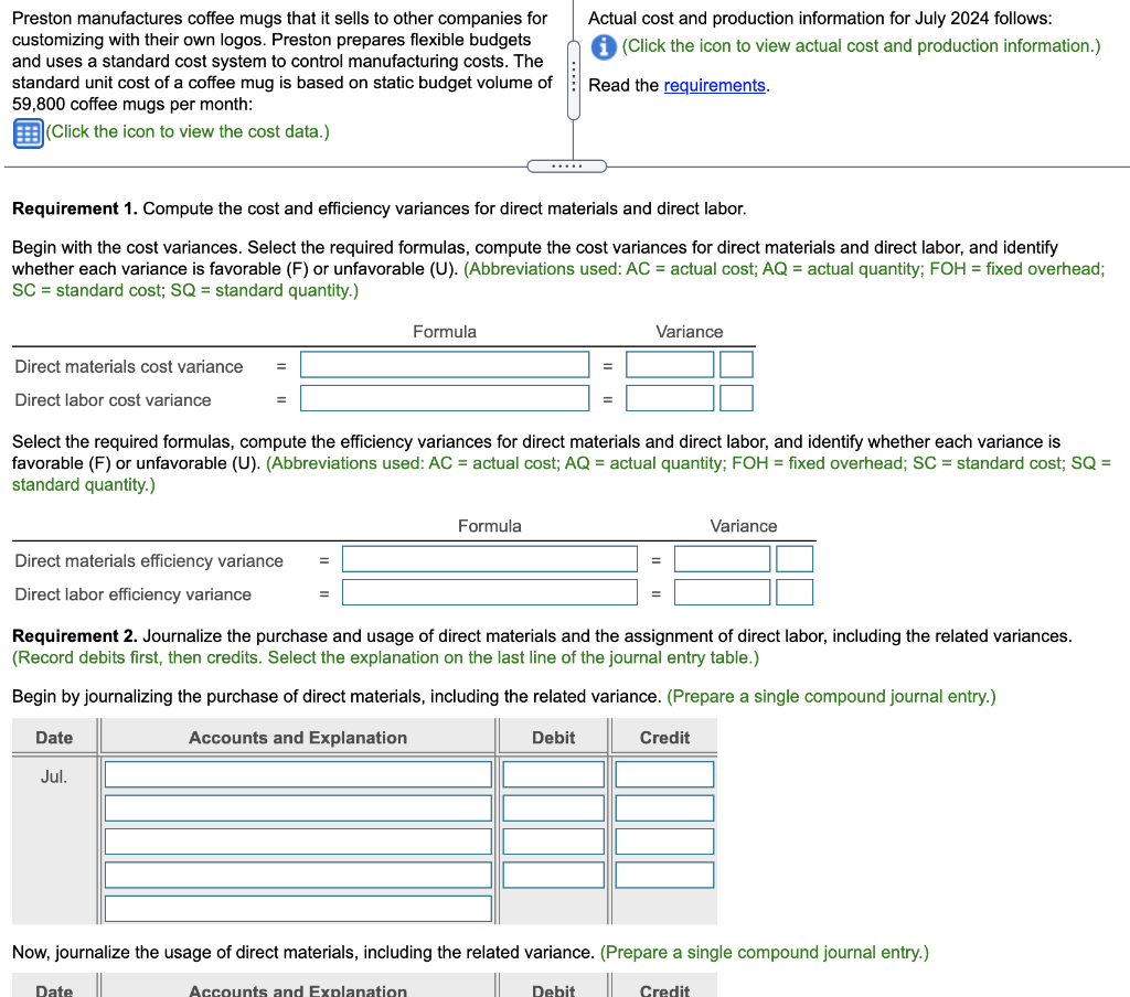 Abbreviations used: AC = actual cost; AQ = actual quantity; FOH =