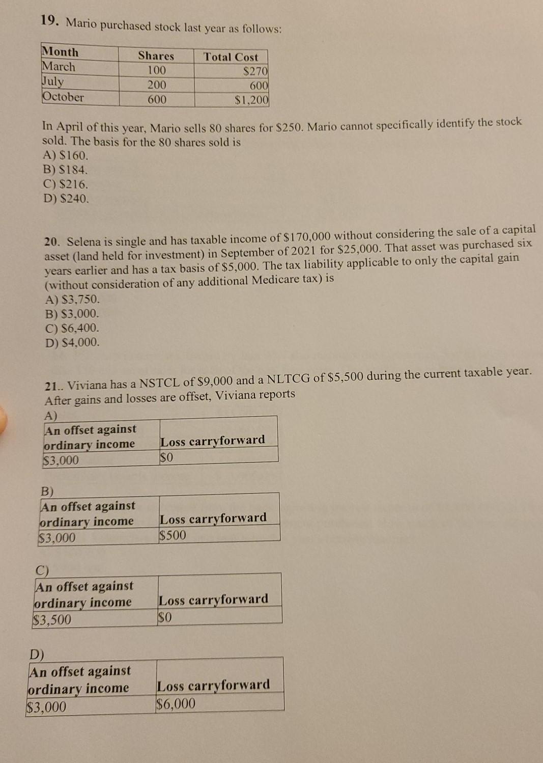 19. Mario purchased stock last year as fllows: Ionth arch ul etober