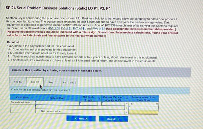 Santana Rey is considering the purchase of equipment for Business Solutions that