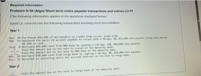 prob3 Required information Problem 9-1A (Algo) Short-term notes payable transactions and entries