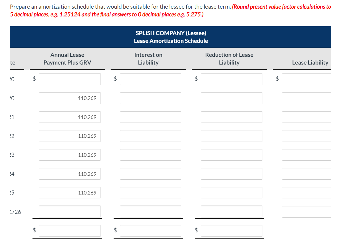 Prepare an amortization schedule that would be suitable for the lessee