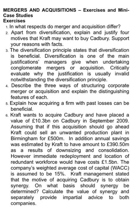  MERGERS AND ACQUISITIONS - Exercises and Mini- Case Studies Exercises 1.