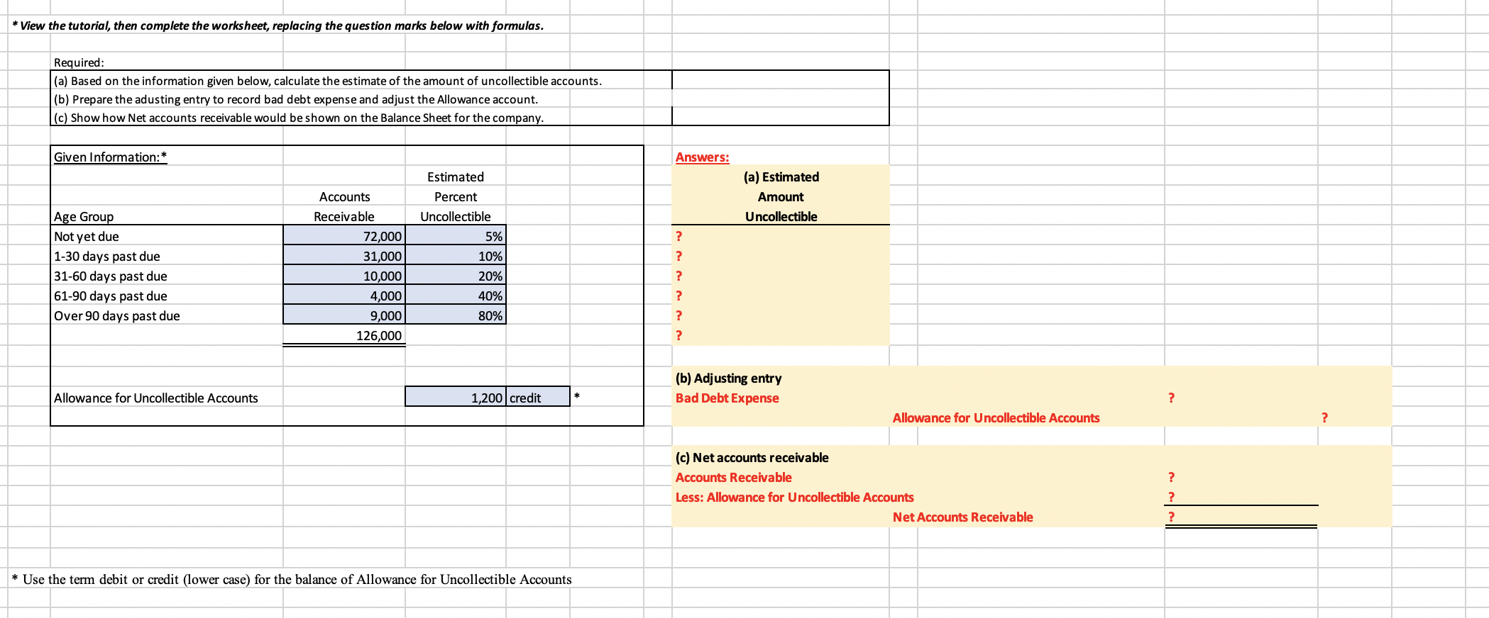 complete the worksheet. Enter formulas in cells that contain question marks (only